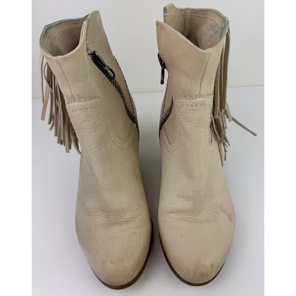 SAM EDELMAN Louie Beige Suede Side Zip Western Fringe Stacked Heel Boot Size 7 - Picture 3 of 6